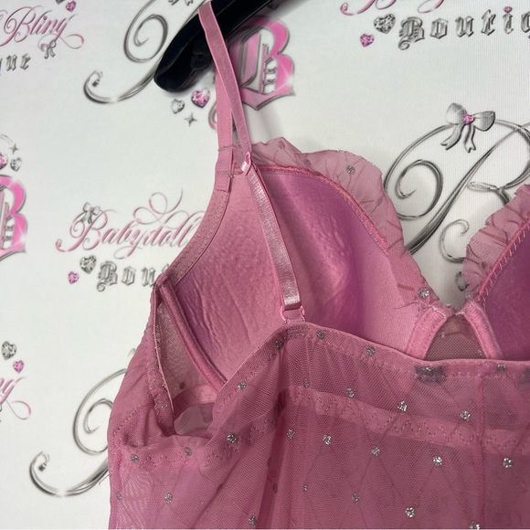 Babydoll sparkly dress pink silver polkadot ribbon bow tie stretchy mesh y2k - Picture 6 of 9